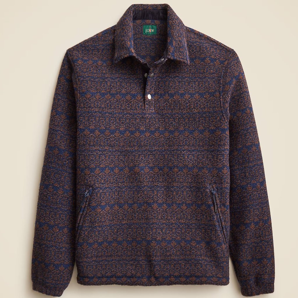 Nwt J Crew Wool Blend 1/4 Snap Collar Sweater Fleece Jacket In Brown & Blue
